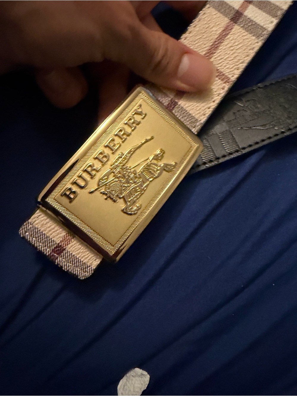 Burberry Beige Plaid Canvas Belt with Gold Logo Buckle